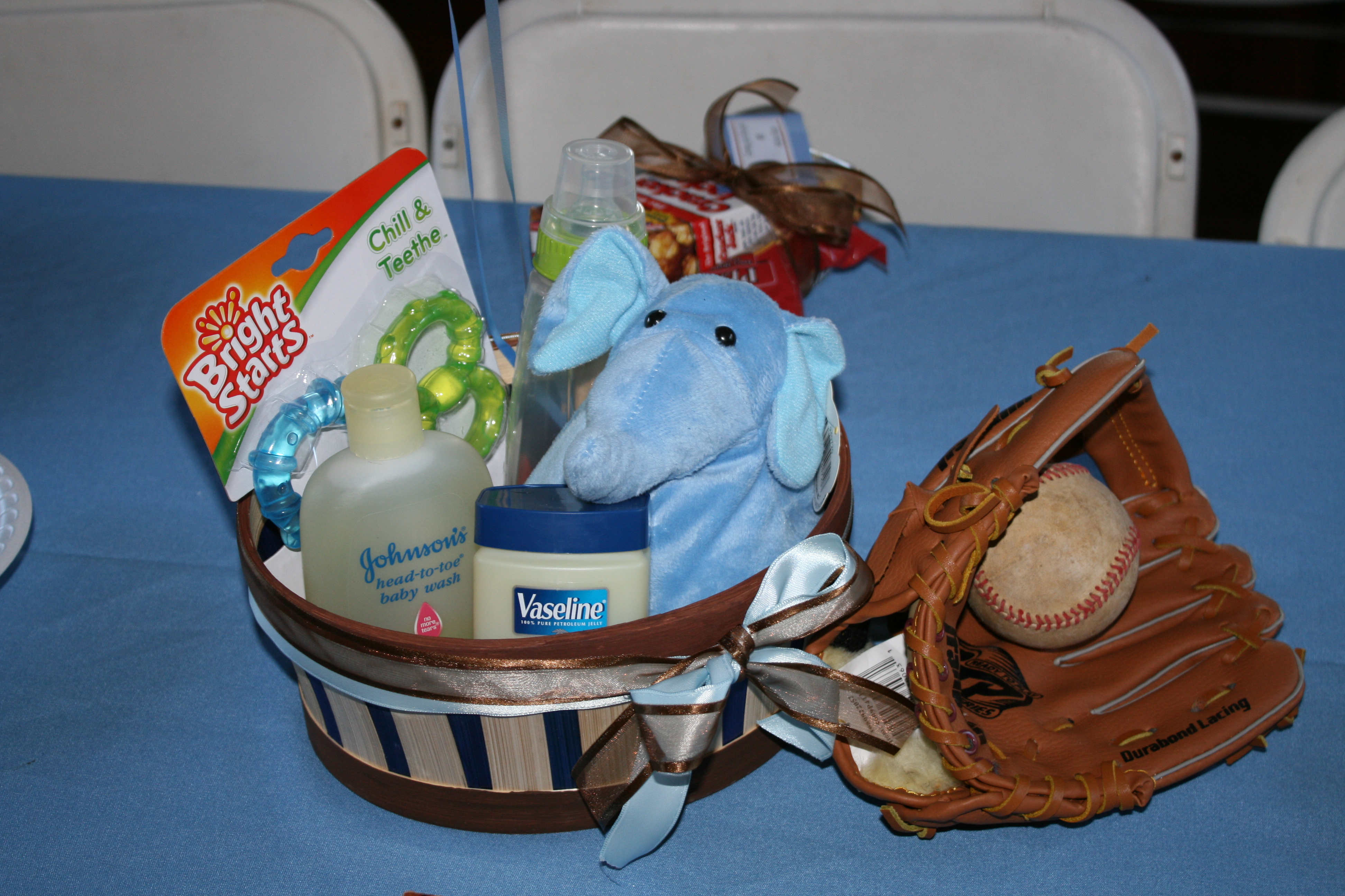 Baby boy baby shower gift basket. Baseball theme!