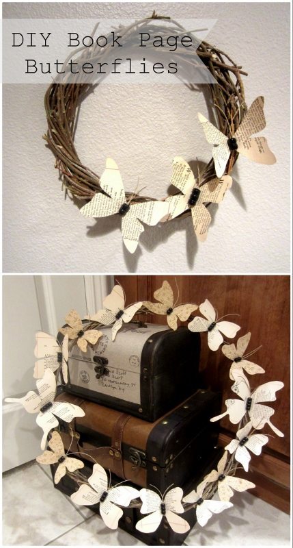 How to make a Recycled Book Page Butterfly Wreath out of pages from a damaged book and branches.