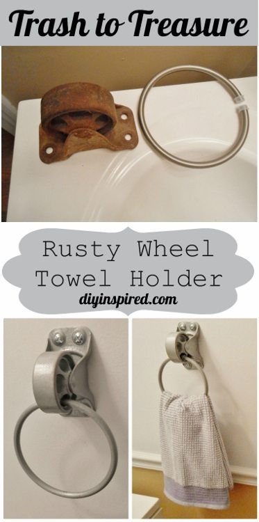 Repurposed Rusty Wheel Turned Towel Holder DIY Inspired