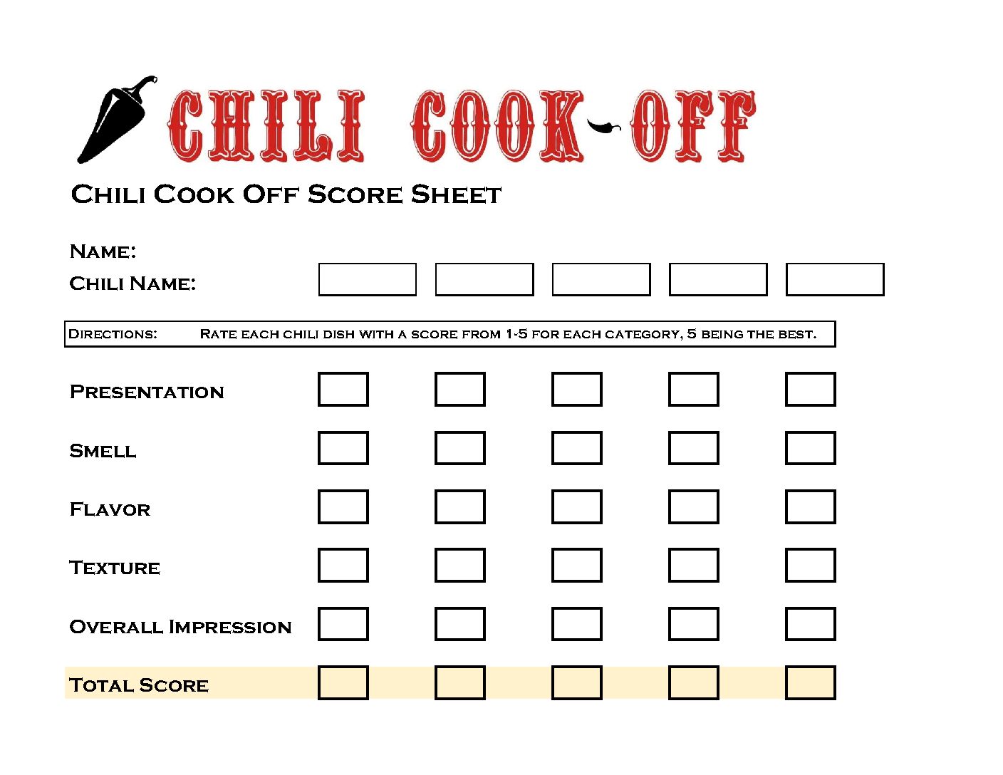 Free Printable Chili Cook Off Scorecards Printable Word Searches