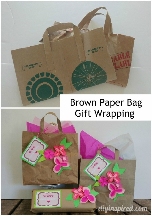 Brown Paper Bag Gift Wrapping with Paper Flowers DIY Inspired