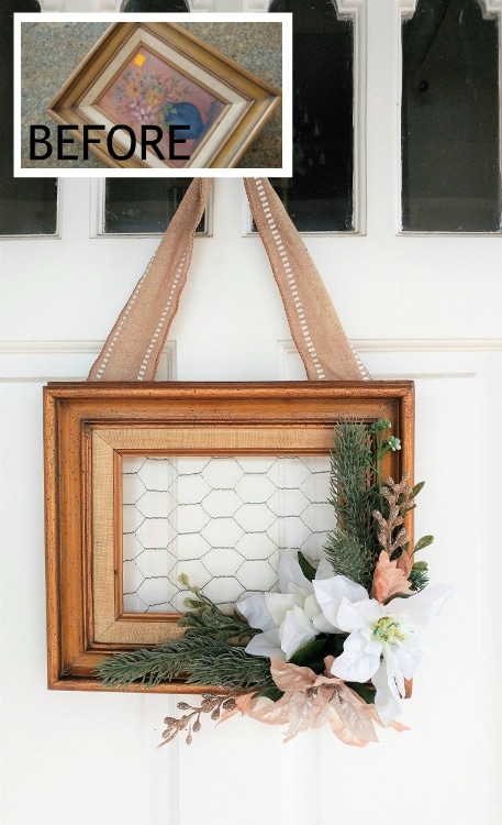 Turn a Thrift Store Frame into a Repurposed Frame Christmas Wreath with Chicken Wire
