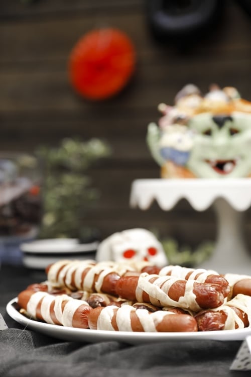 crescent-rolled wrapped hot dogs, mummy dogs